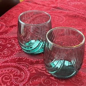 VINTAGE Juice Glasses (set of 2) - 8 Oz Ribbed Some Gold Tone Rim Aqua Green